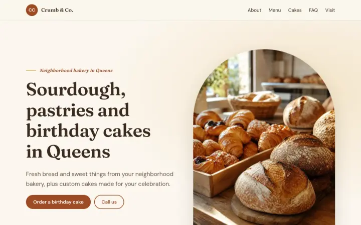 First screen of the example site for Crumb & Co., a bakery