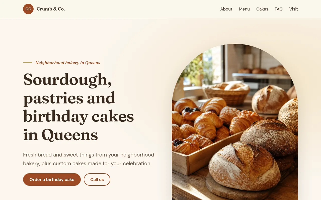 Screenshot of the example site for Crumb & Co., a Bakery