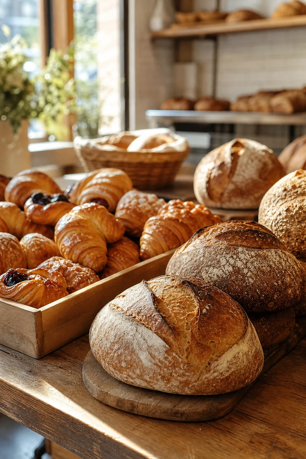 Sourdough loaves and pastries on a bakery counter