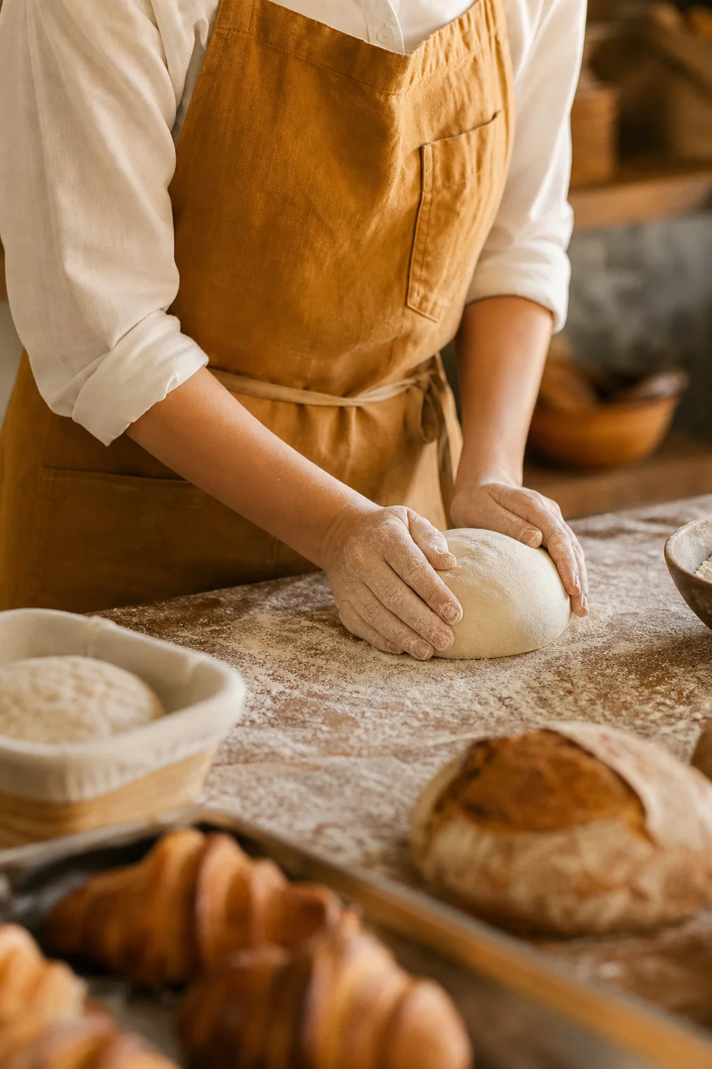 Baker shaping sourdough dough