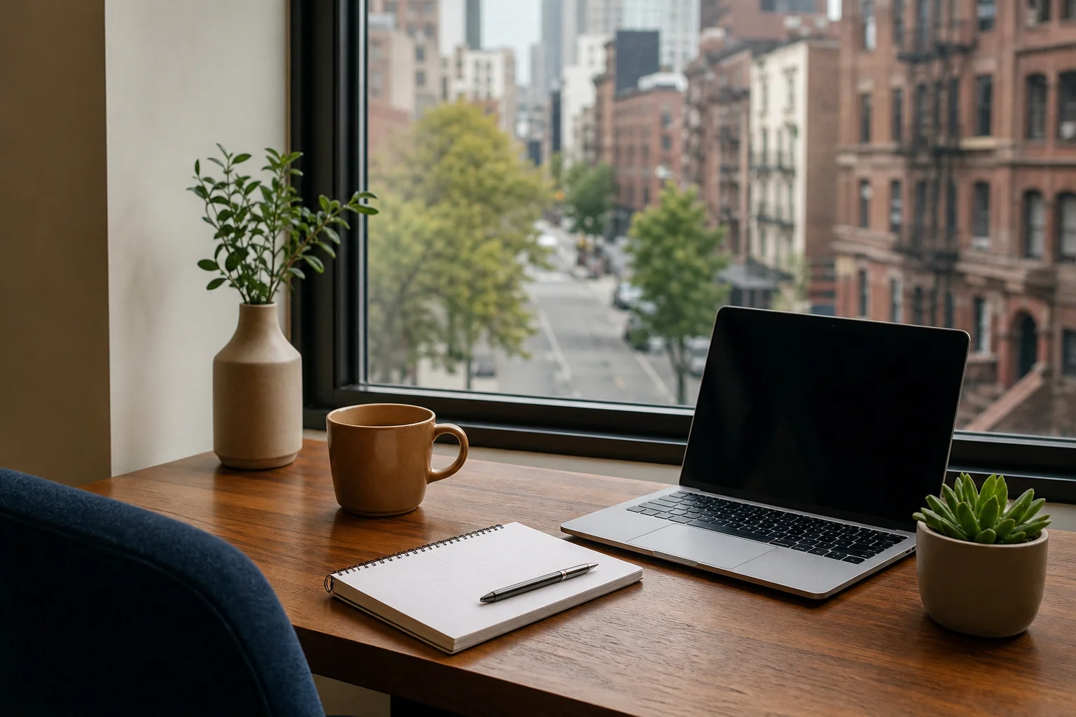 Consultant's desk with notebook and laptop by a window
