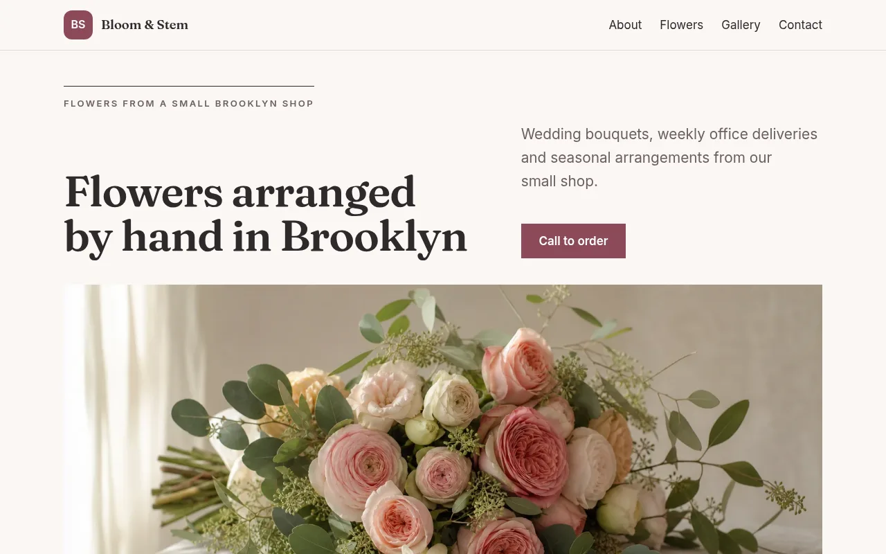 Screenshot of the example site for Bloom & Stem, a Florist