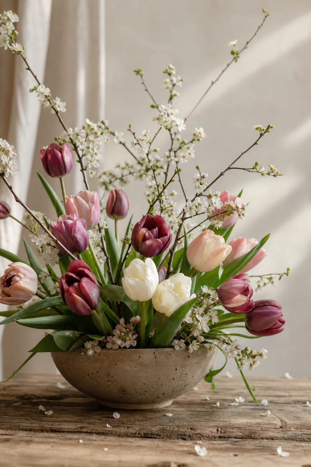 Tulips and blossom branches in a vase