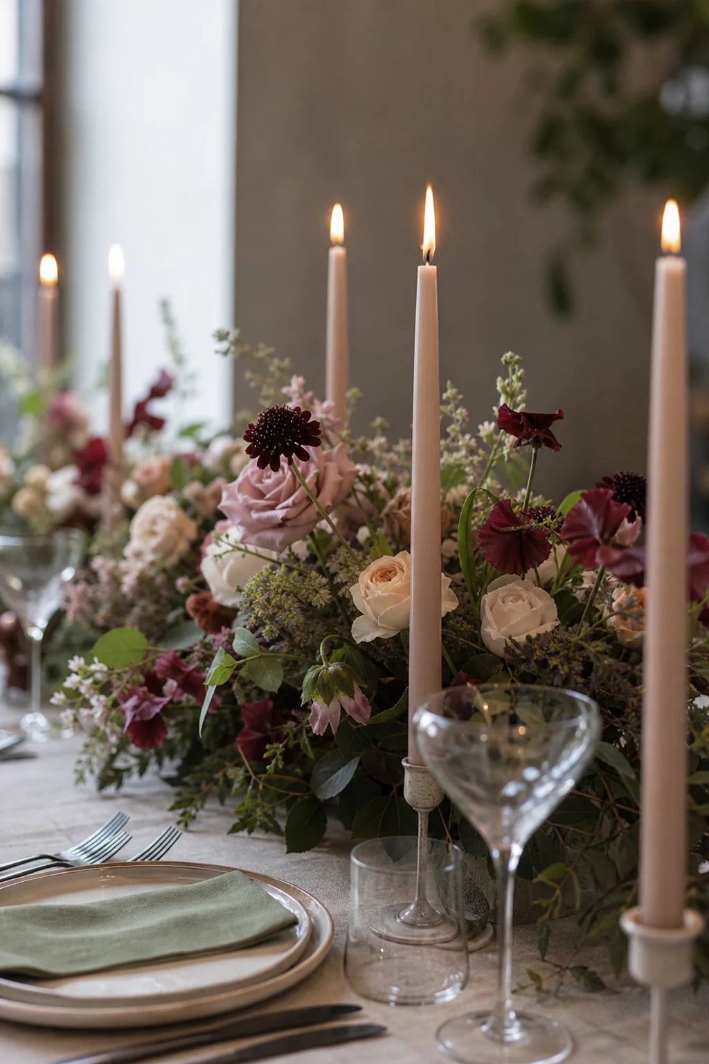 Low floral centerpiece with candles