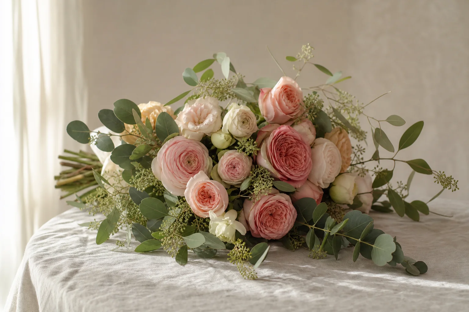 Hand-tied bouquet of pale roses and greenery