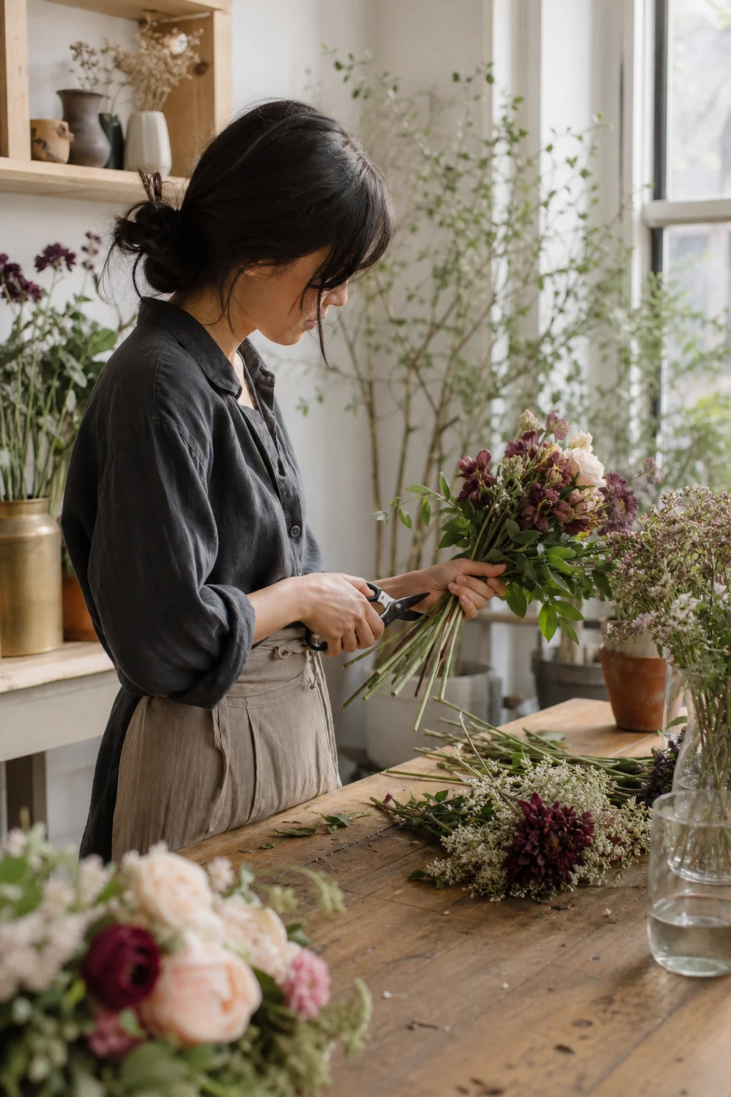 Florist arranging flowers at the shop workbench