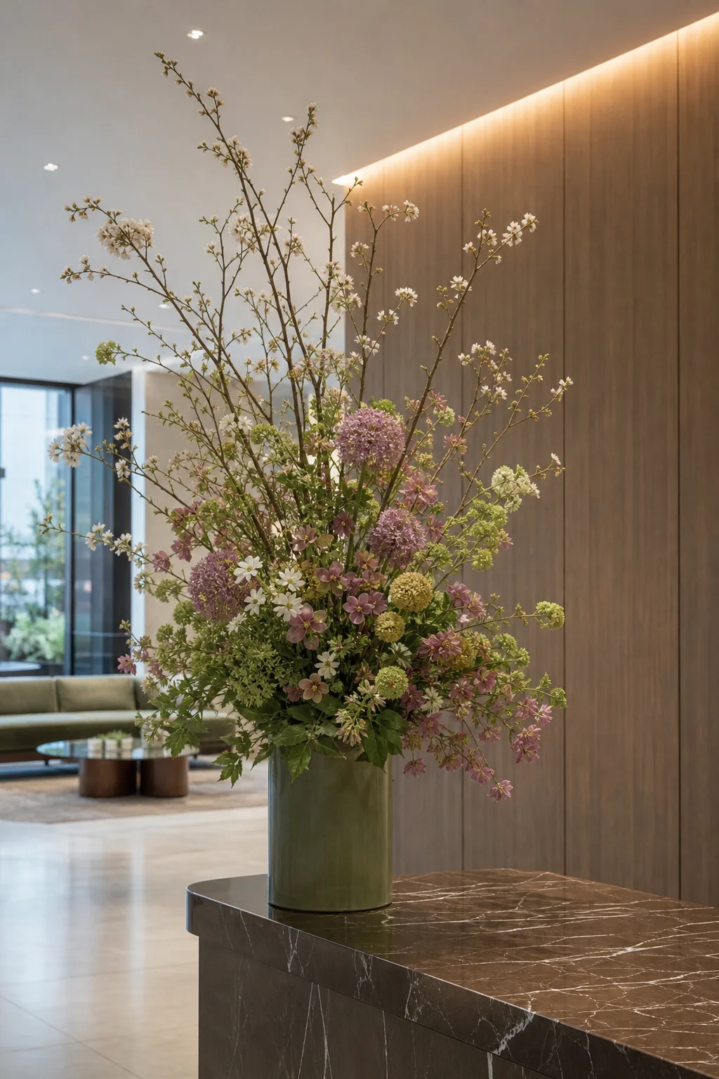Tall arrangement in an office lobby