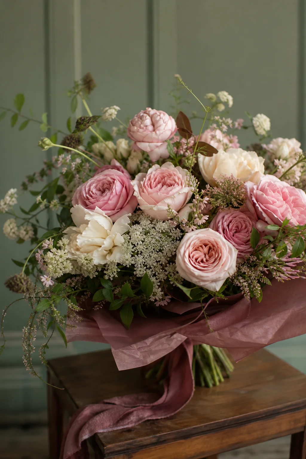Garden rose bouquet in pink and cream