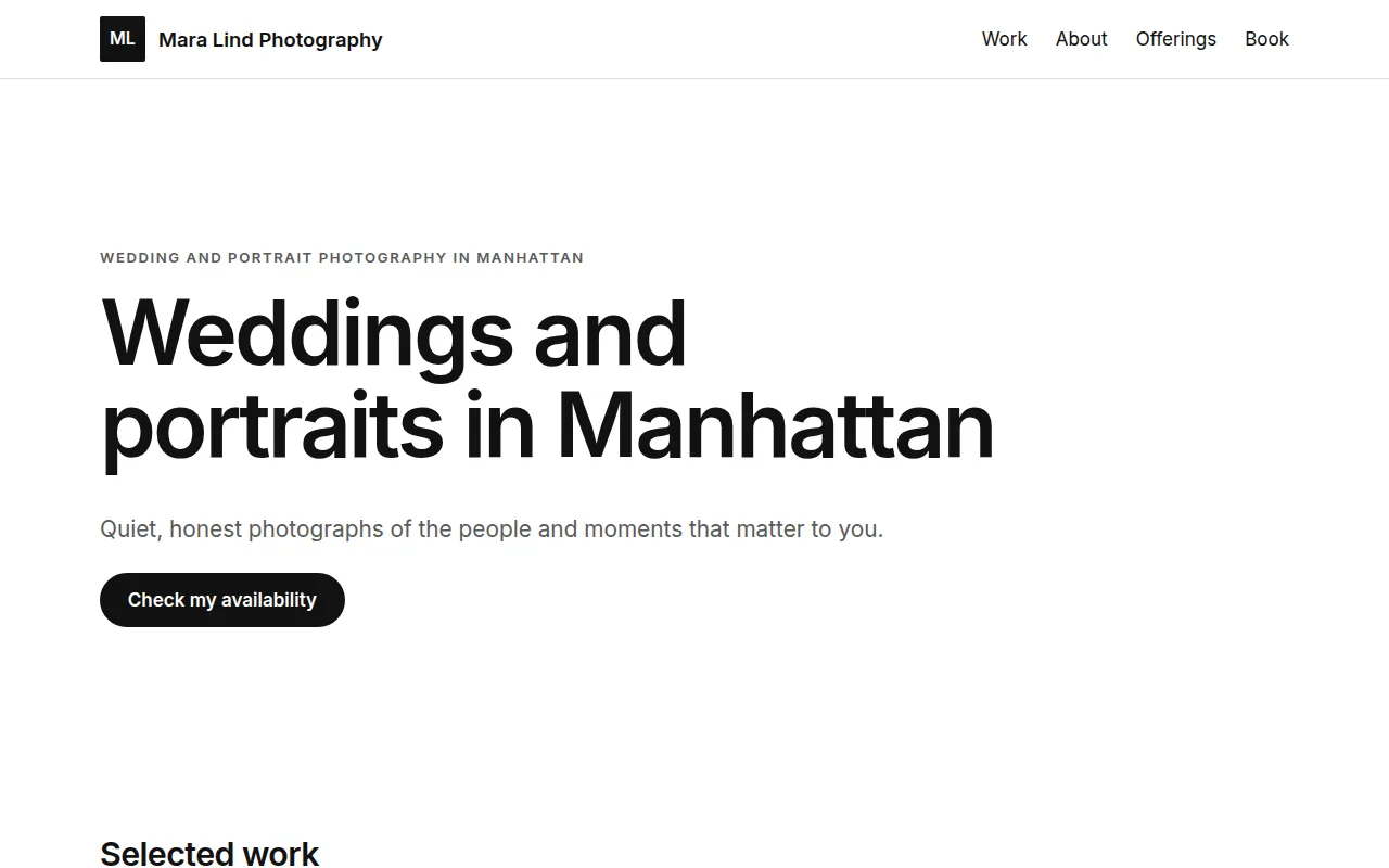 Screenshot of the example site for Mara Lind Photography, a Photographer