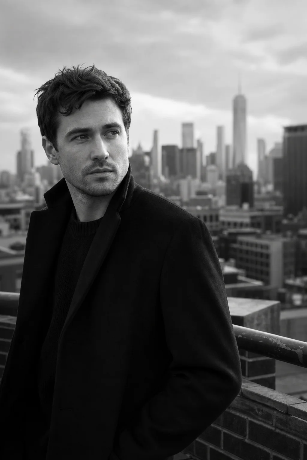 Man on a rooftop with the city skyline behind him