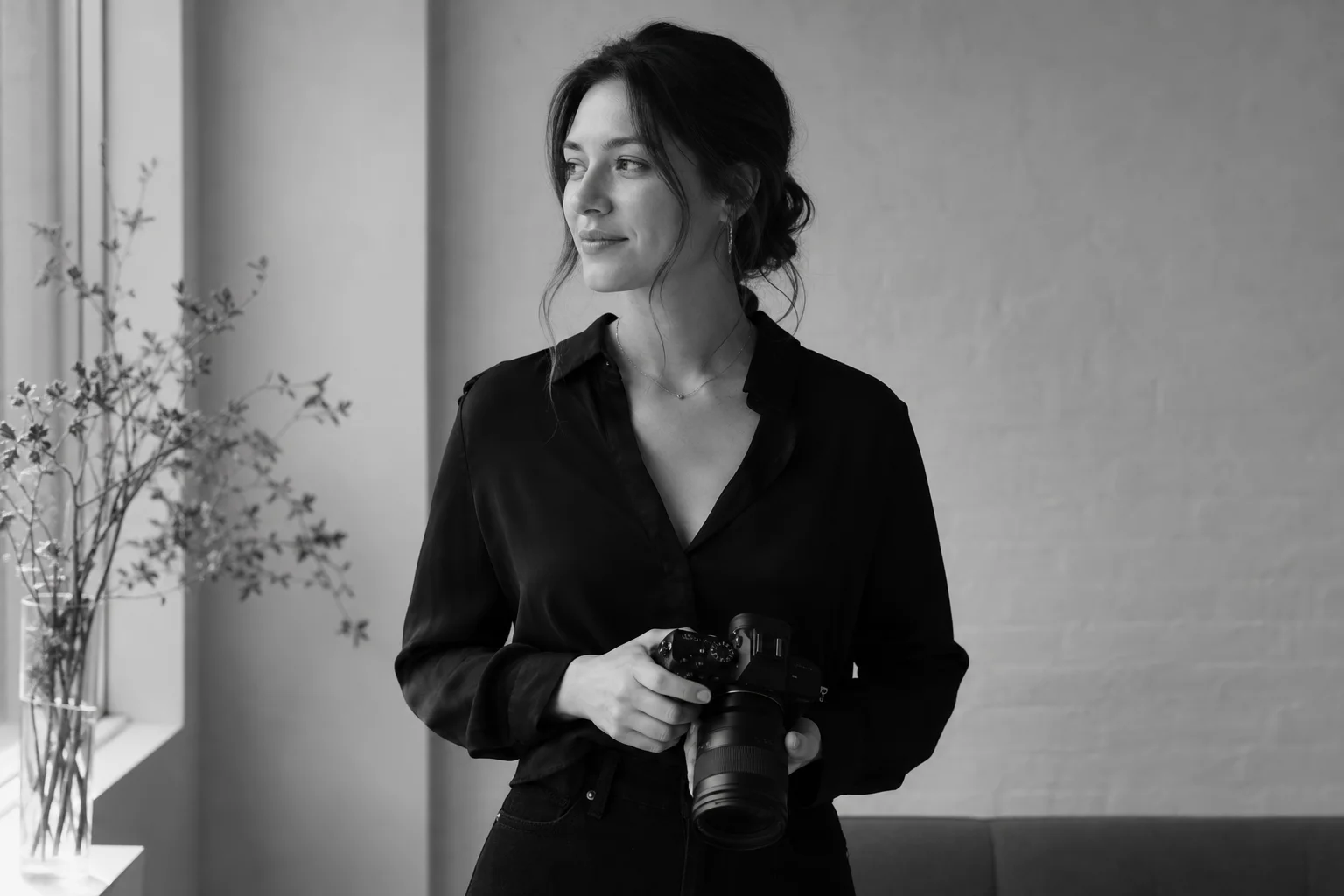 Portrait of Mara Lind with her camera