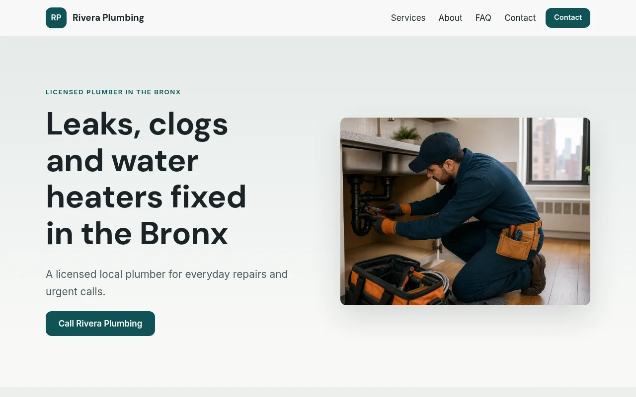 Screenshot of the example site for Rivera Plumbing, a Plumber