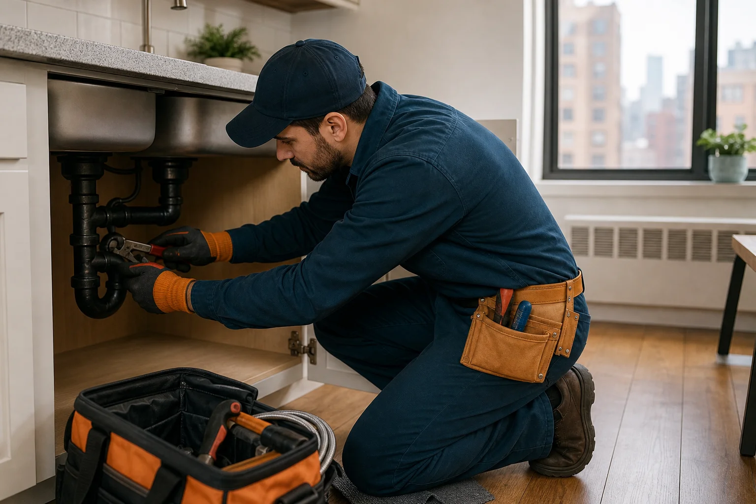 Plumber repairing pipes under a kitchen sink